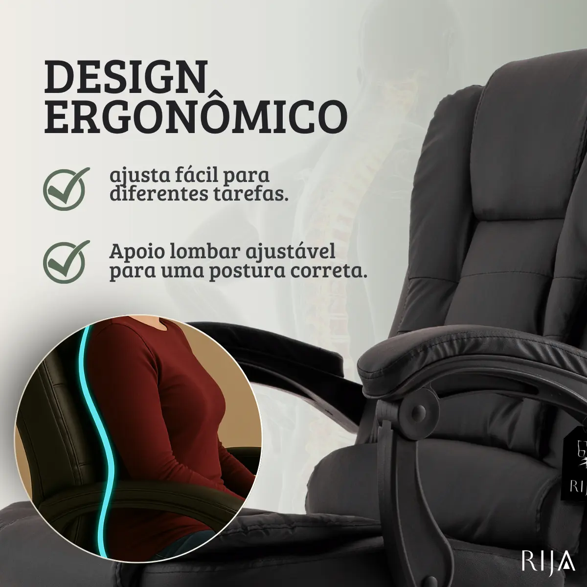 Cadeira De Escritorio Presidente Rija Ajustável Preto Couro Sintético-2