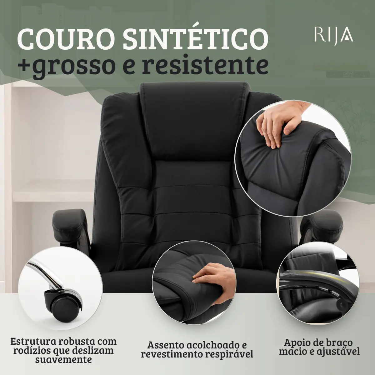 Cadeira De Escritorio Presidente Rija Ajustável Preto Couro Sintético-4