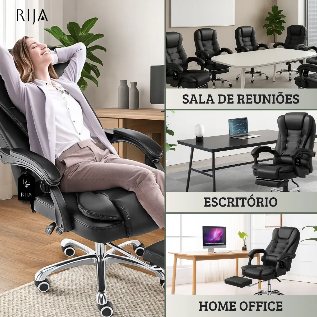 Cadeira De Escritorio Presidente Rija Ajustável Preto Couro Sintético-5