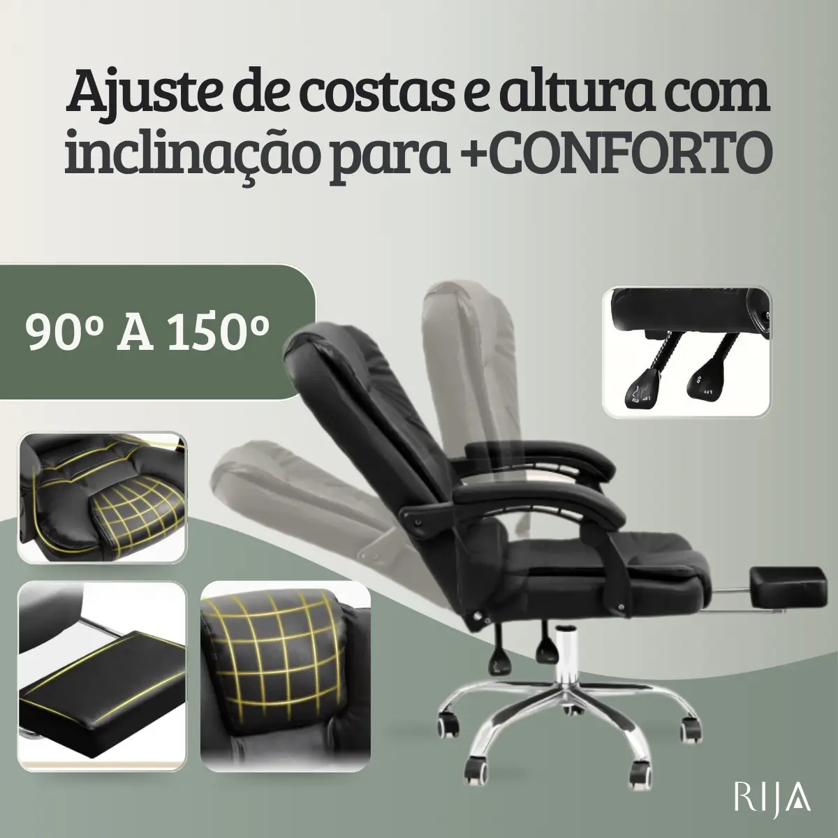 Cadeira De Escritorio Presidente Rija Ajustável Preto Couro Sintético-6