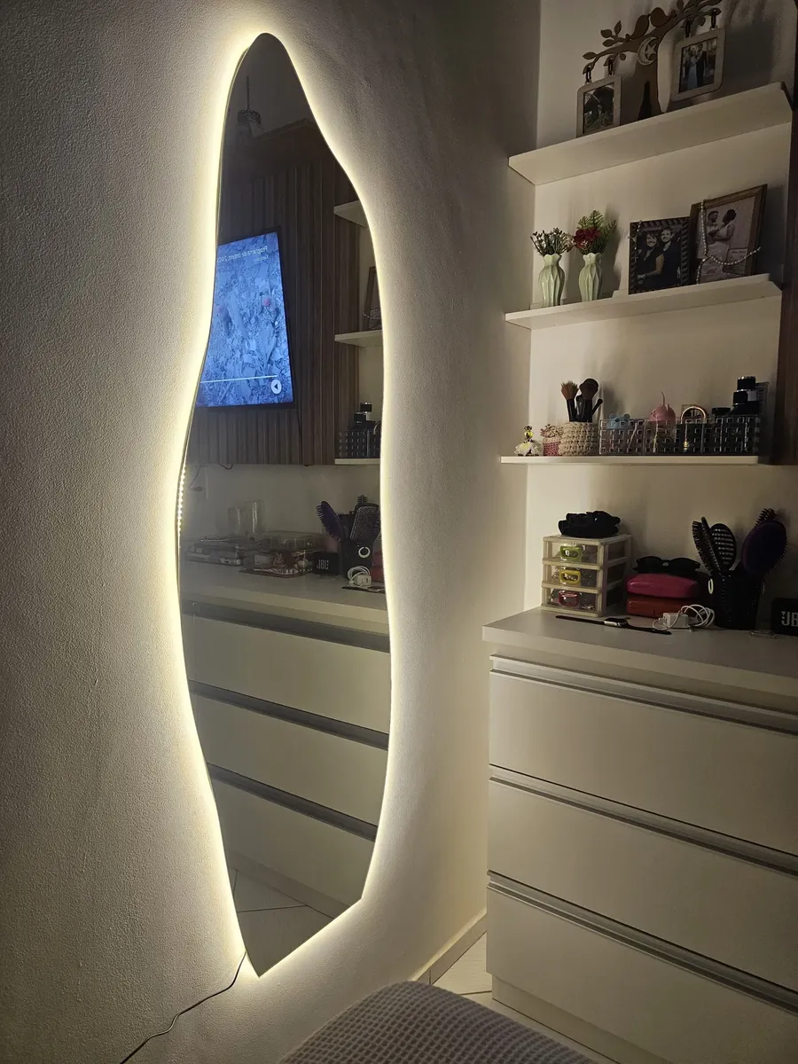 Espelho Orgânico Com Led 150x50 Cm Para Sala Quarto Banheiro Moldura Flame Led Quente-7
