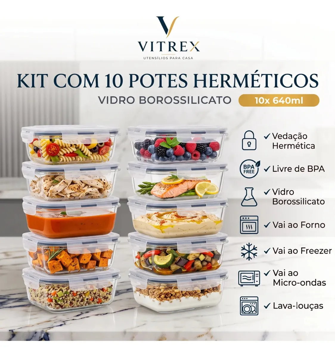 Kit 10 Pote De Vidro Marmita Hermético 640ml Freezer Fitness Vitrex-1