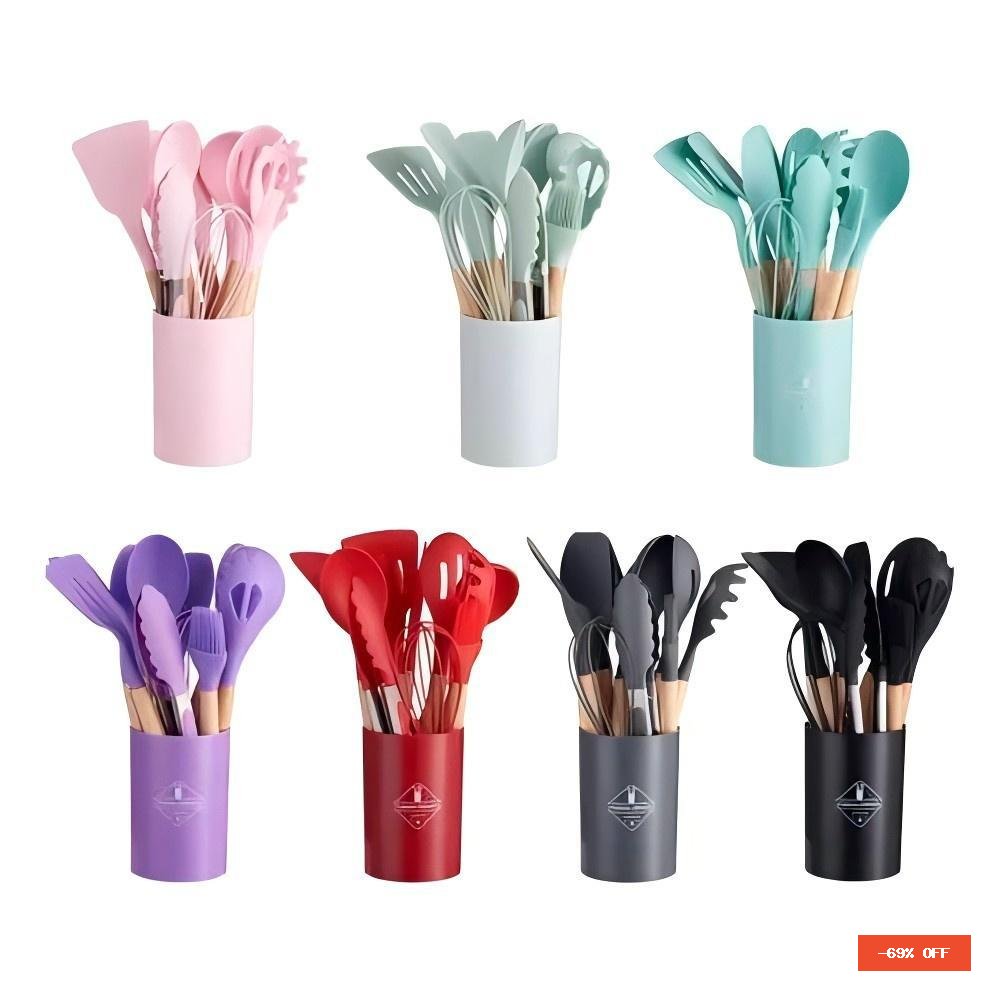 KIT de Utensílios Para Cozinha em Silicone e Bambu 12 Peças