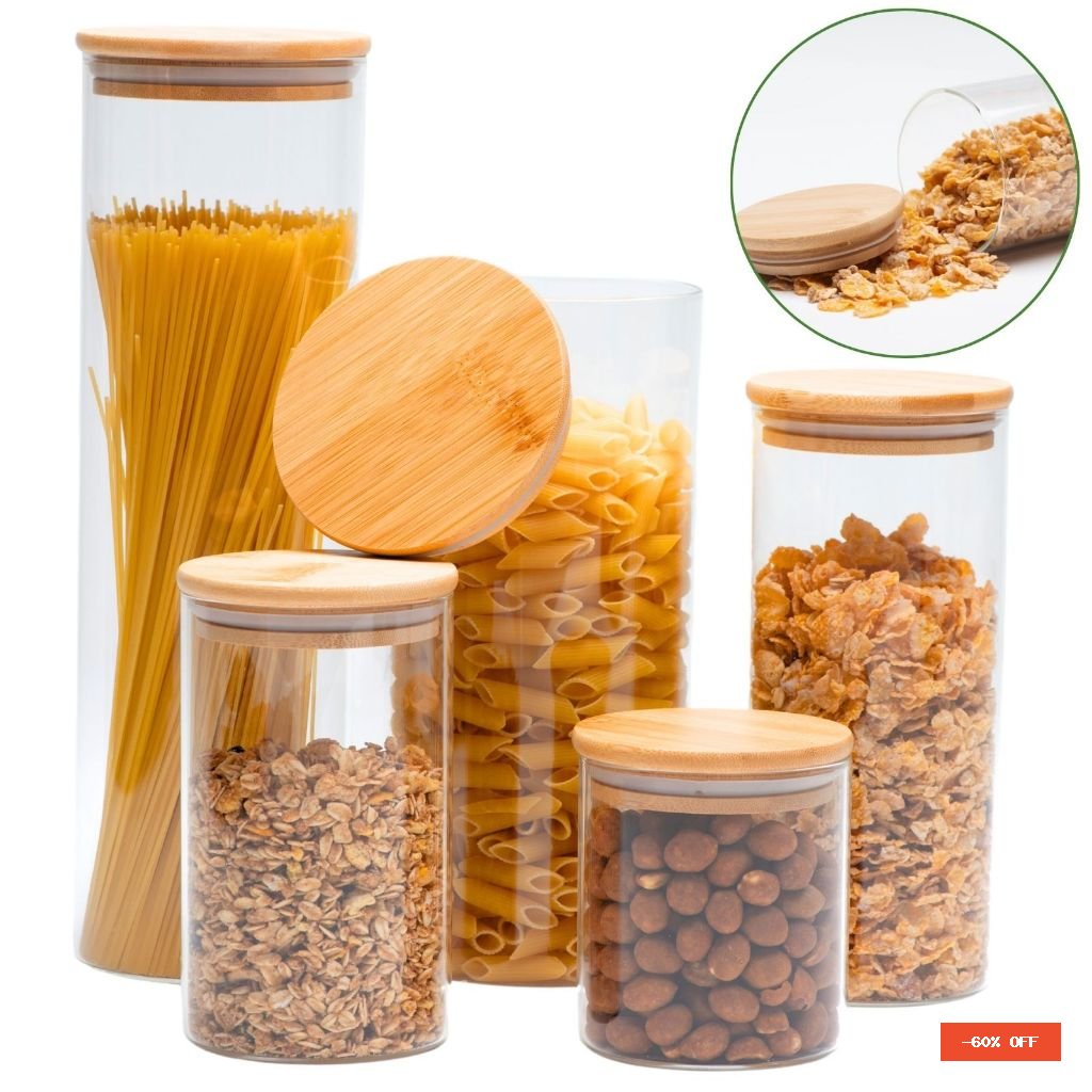 05 Potes de Vidro Hermético Transparente Tampa Bambu Porta Alimentos