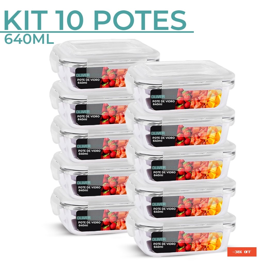 Kit 5/ kit 10 Potes de Vidro 640ml Hermético Marmita Fit com Tampa 4 Travas Oliver Home