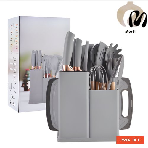 Kit Utensílios de Cozinha 19 Peças • Silicone com Cabo de Madeira • Completo e Resistente