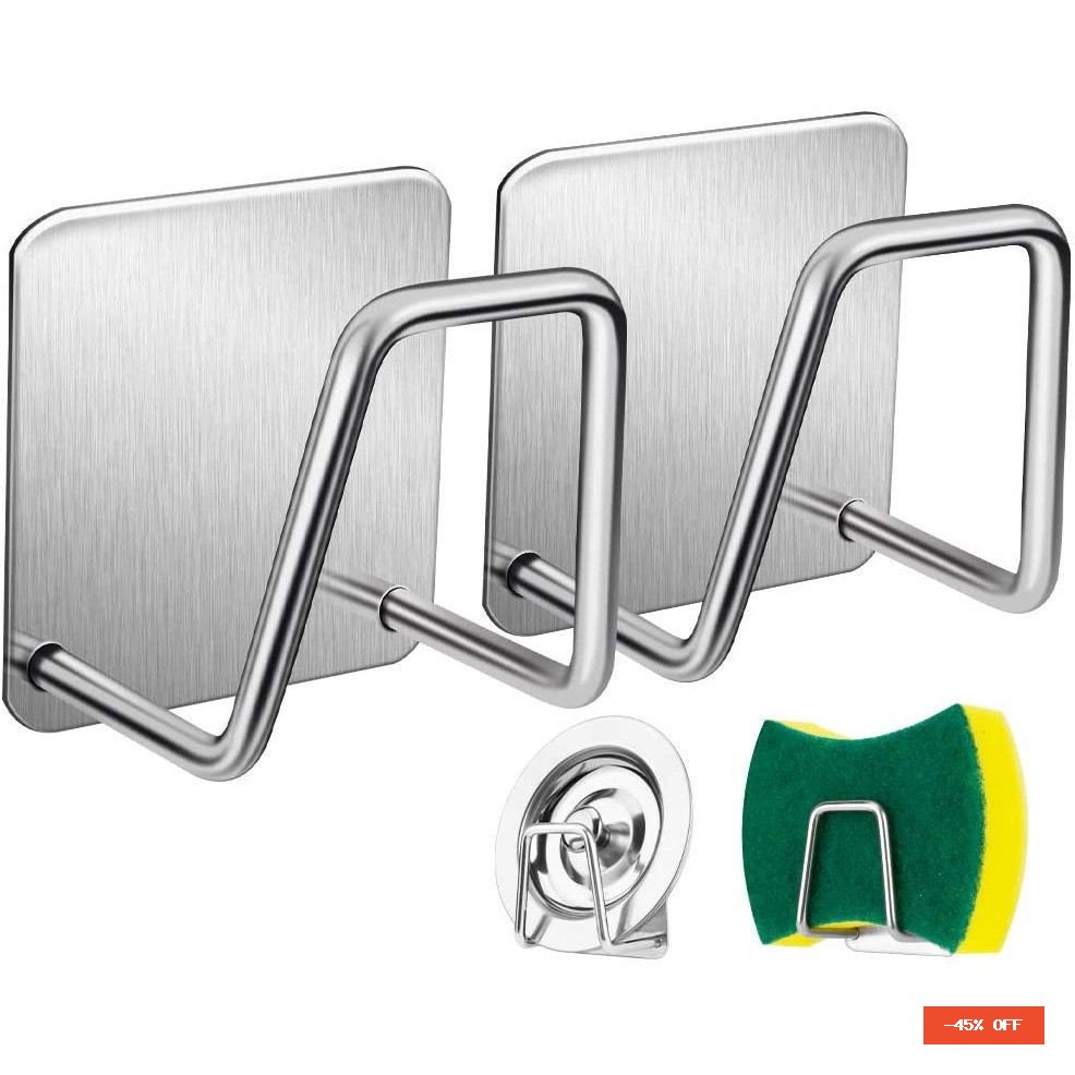Kit 2 Gancho Aço Inoxidável com Adesivo para Esponja de Cozinha