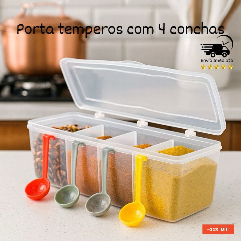 Pote Porta Temperos Porta Condimentos com 4 conchas. Organizador com 4 divisórias