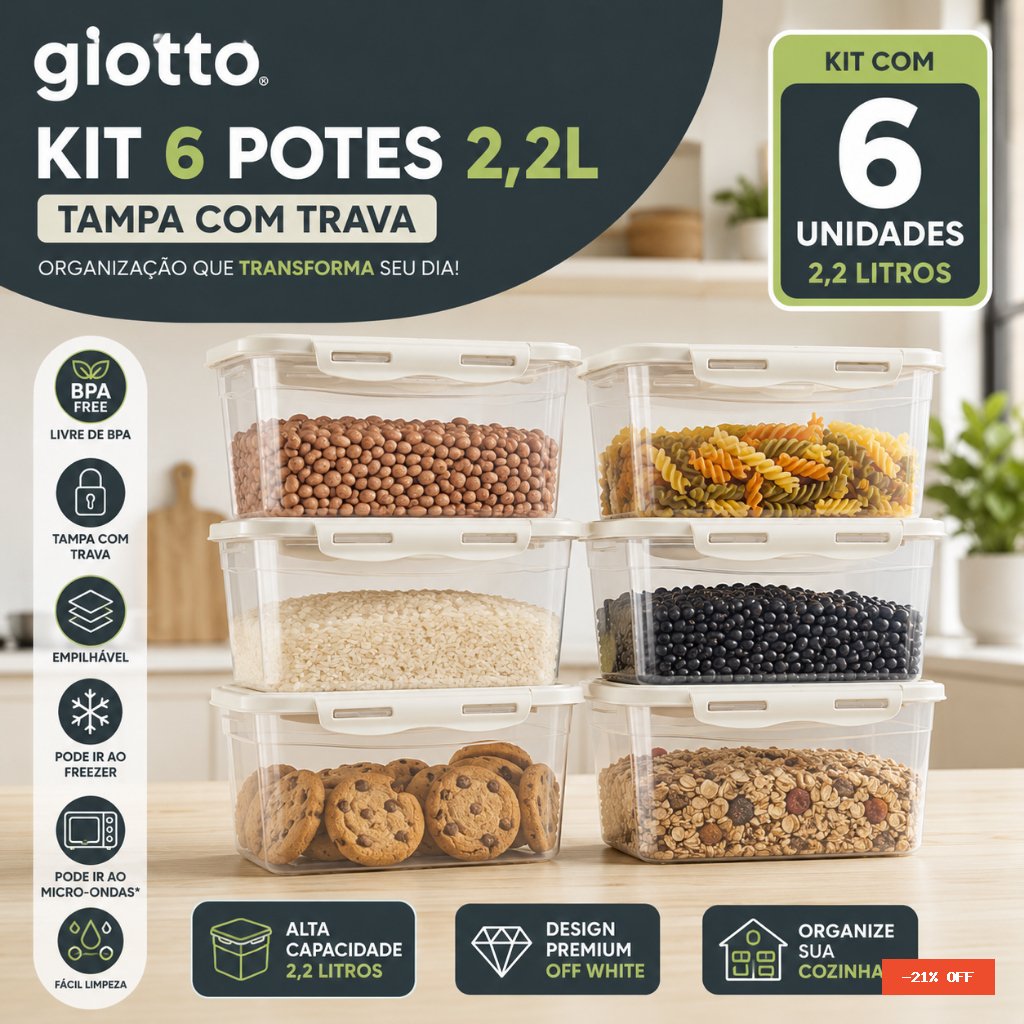 Kit 6 Potes Com Tampa e Trava 2,2L Alto Off White Freezer E Microondas Marmitas Fitness Giotto