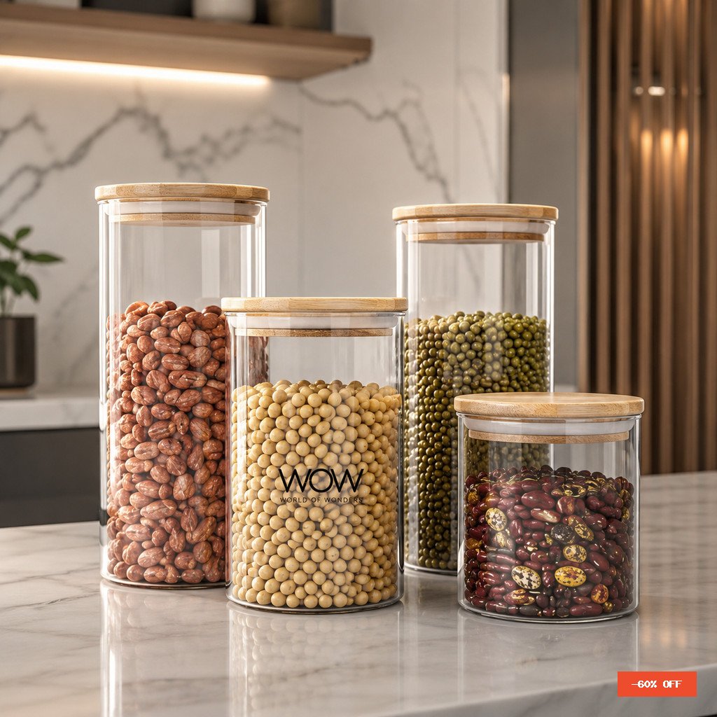 Kit 4 Potes Herméticos Tampa Bambu Organizador Mantimentos Cozinha