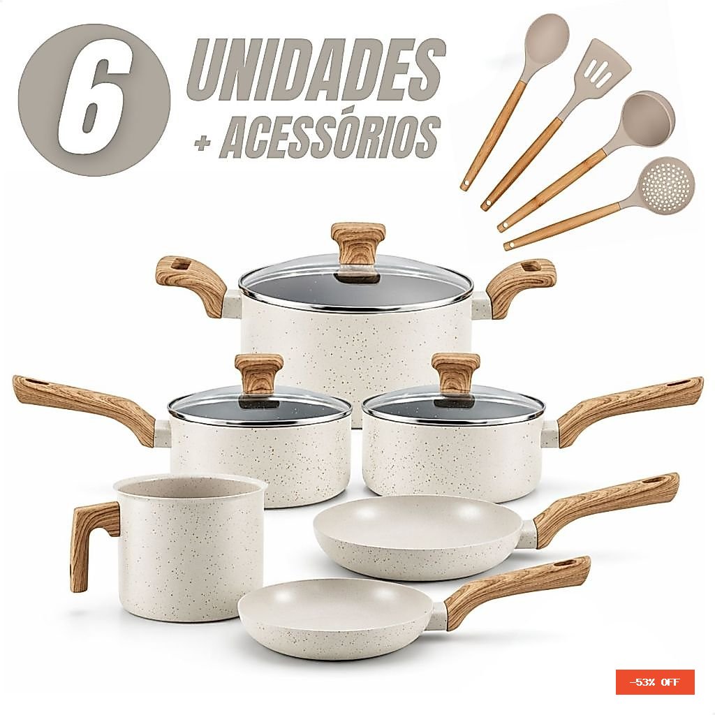 Jogo de Panelas 6 Peças Antiaderentes com Tampa de Vidro Temperada com 4 Utensílios de Cozinha
