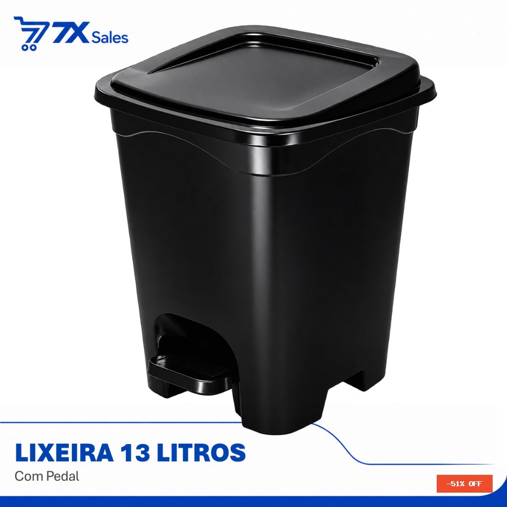 Lixeira 13 Litros Abertura por Pedal Preta Quadrada